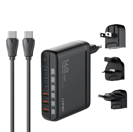 Купити Мережевий Зарядний Пристрій LDNIO A6140C 3USB/3USB-C GAN (100W+40W)140W LED Display 1.5m, 2