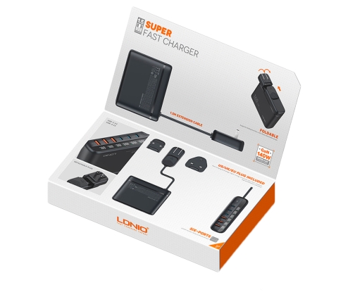 Купити Мережевий Зарядний Пристрій LDNIO A6140C 3USB/3USB-C GAN (100W+40W)140W LED Display 1.5m, 5
