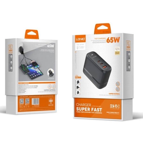 Купити Мережевий Зарядний Пристрій LDNIO Q366 1USB/2USB-C GAN PD65W+Type-C to Type-C, 4