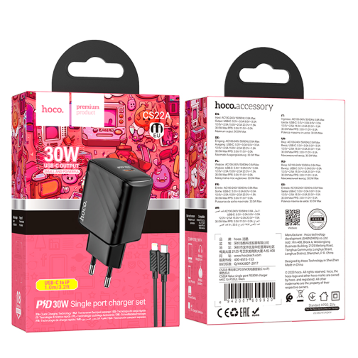 Мережевий Зарядний Пристрій Hoco CS22A 1USB-C PD/QC 30W+Type-C to Lightning превью 3
