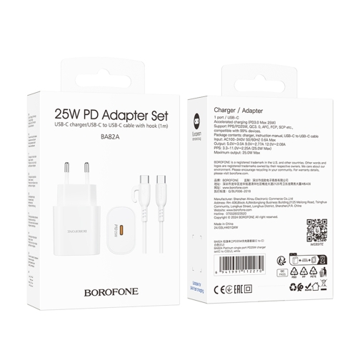 Купить Сетевое Зарядное Устройство Borofone BA82A 1USB-C PD/QC 25W+Type-C to Type-C, 2