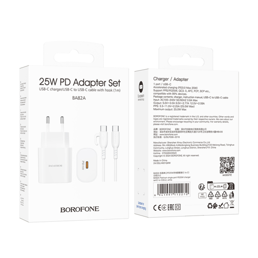 Мережевий Зарядний Пристрій Borofone BA82A 1USB-C PD/QC 25W+Type-C to Type-C превью 2