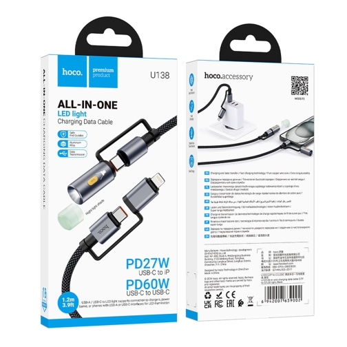 Купить USB Hoco U138 USB-C/iP to USB-C/LED Light 1.2m, 2