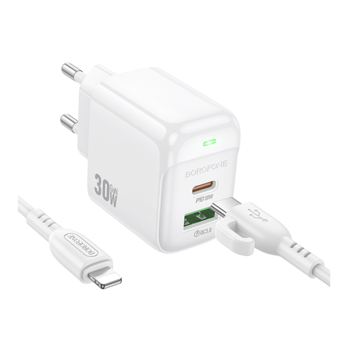 Мережевий Зарядний Пристрій Borofone BAS45A 1USB-C/1USB PD/QC 30W+Type-C to Lightning превью 3