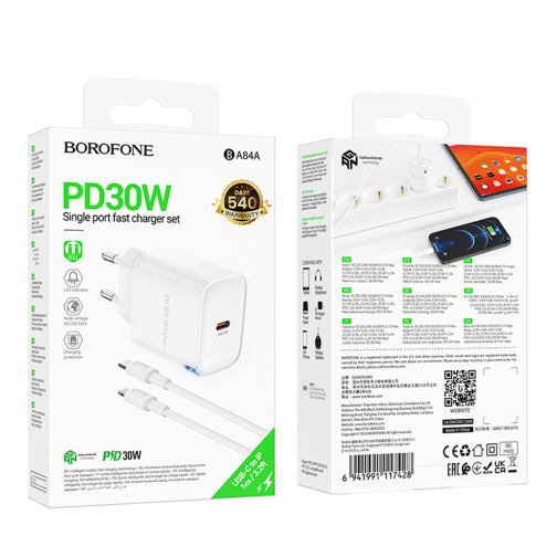 Мережевий Зарядний Пристрій Borofone BA84A 1USB-C PD/QC 30W+Type-C to Lightning превью 2