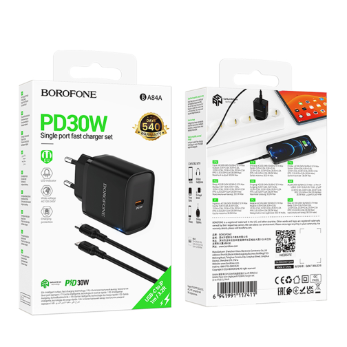 Мережевий Зарядний Пристрій Borofone BA84A 1USB-C PD/QC 30W+Type-C to Lightning превью 3