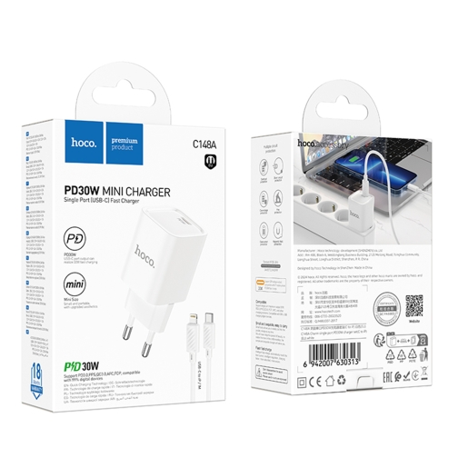 Купить Сетевое Зарядное Устройство Hoco C148A 1USB-C PD/QC 30W+Type-C to Lightning, 2