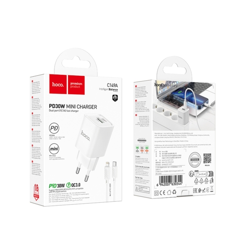 Купить Сетевое Зарядное Устройство Hoco C149A 1USB/1USB-C PD/QC 30W+Type-C to Lightning, 2