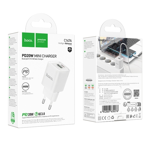 Купить Сетевое Зарядное Устройство Hoco C147A 1USB-C/1USB PD/QC 20W, 2