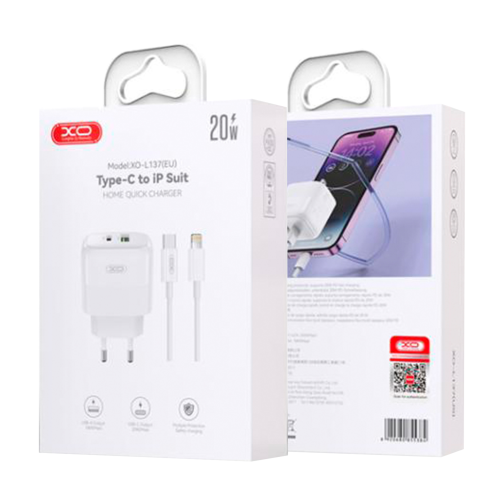 Мережевий Зарядний Пристрій XO L137 1USB-C/1USB PD/QC 20W+Type-C to Lightning превью 3