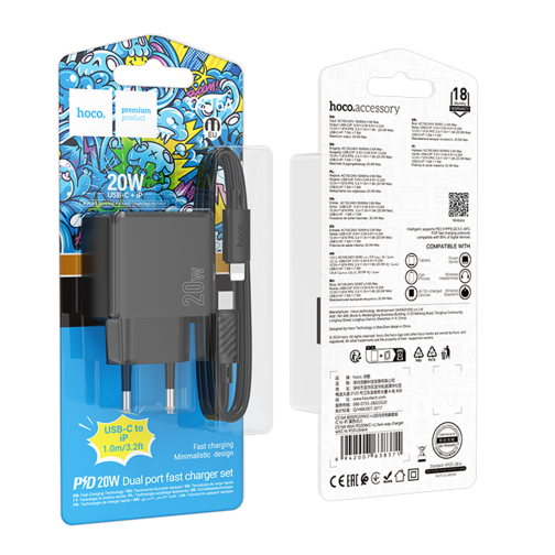Мережевий Зарядний Пристрій Hoco CS16A 1USB-C/1IP PD/QC 20W+Type-C to Lightning превью 2