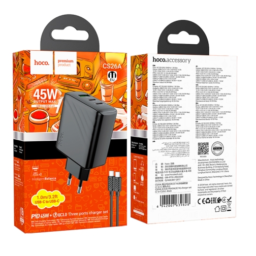 Купити Мережевий Зарядний Пристрій Hoco CS26A 2USB-C/1USB PD/QC 45W+Type-C to Type-C, 2