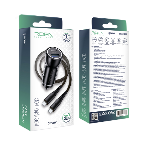 Автомобільний Зарядний Пристрій Ridea RCC-30114 QPow 1USB/1USB-C PD/QC 30W+Type-C to Type-C