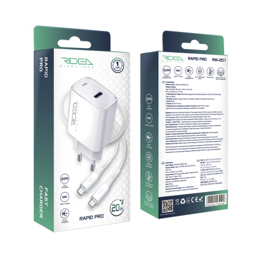 Мережевий Зарядний Пристрій Ridea RW-20124 Rapid Pro 1USB-C QC/PD 20W+Type-C to Type-C превью 2