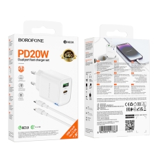 Купить Сетевое Зарядное Устройство Borofone BA83A 1USB-C/1USB PD/QC 20W+Type-C to Lightning Купить Сетевое Зарядное Устройство Borofone BA83A 1USB-C/1USB PD/QC 20W+Type-C to Lightning
