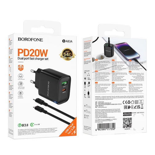 Купить Сетевое Зарядное Устройство Borofone BA83A 1USB-C/1USB PD/QC 20W+Type-C to Lightning, 3