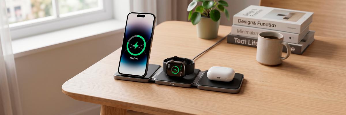MagSafe-аксесуарів – павербанк, тримач, зарядний пристрій 3в1 на нейтральному фоні