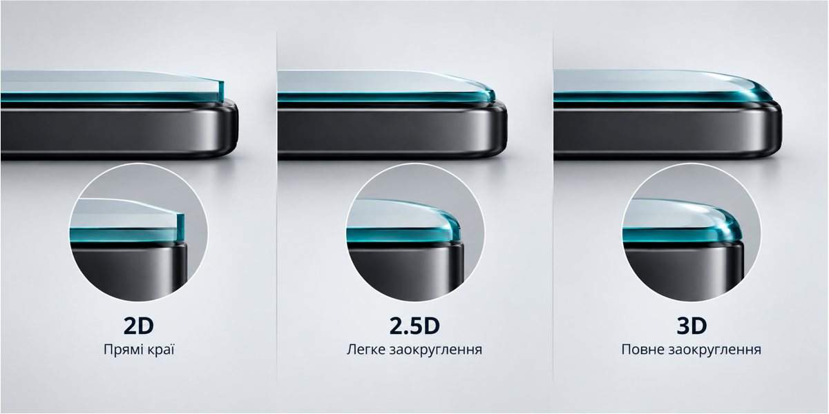 Порівняння профілю 2D, 2.5D і 3D захисного скла у розрізі