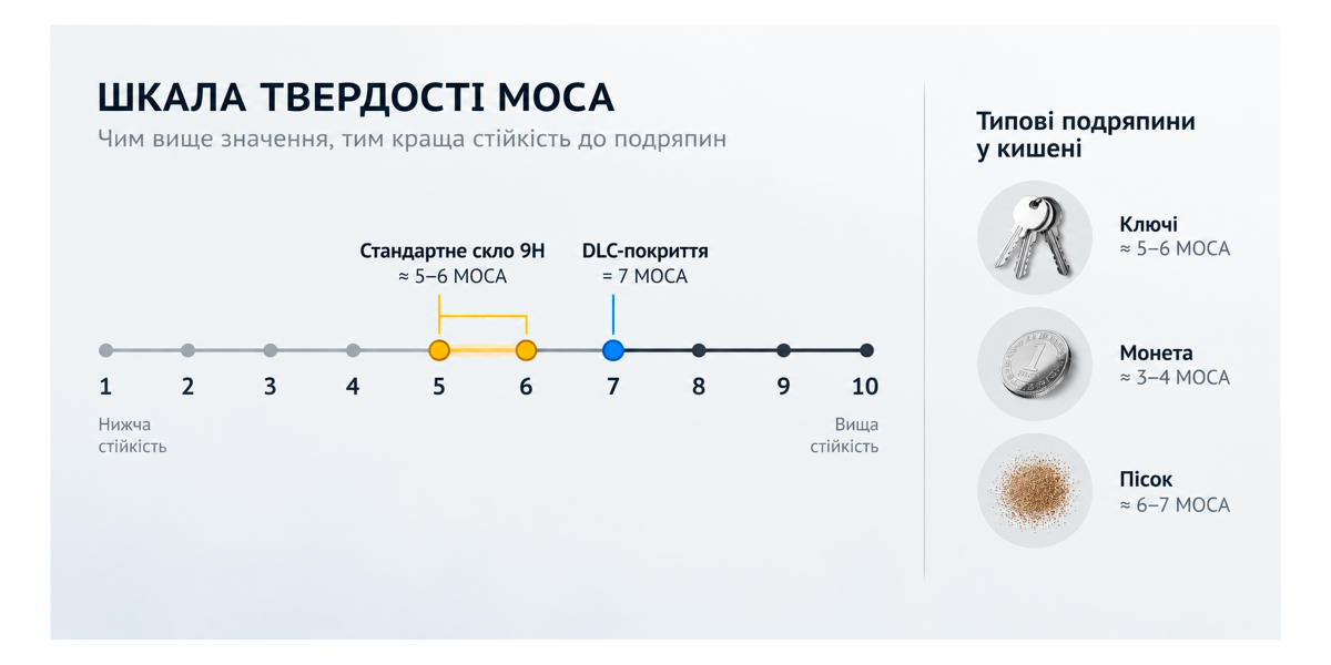 Порівняння твердості захисного скла: стандартне 9H та DLC за шкалою МОСА