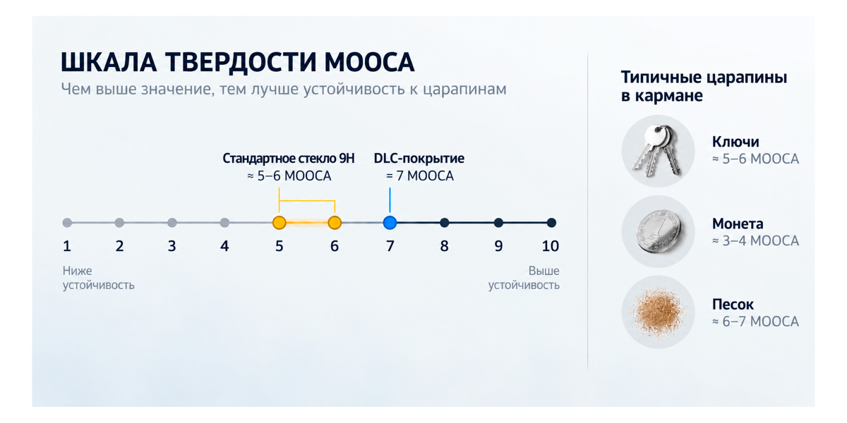 Сравнение твердости защитного стекла: стандартное 9H и DLC по шкале МОСА
