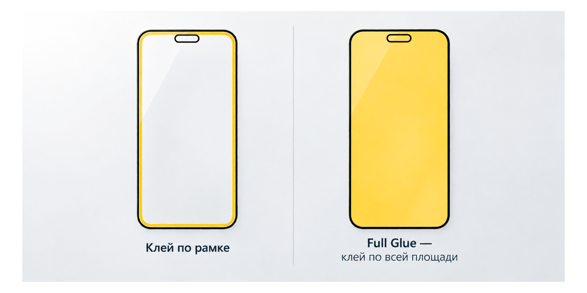 Схема расположения клеевого слоя – по рамке vs Full Glue по всей площади