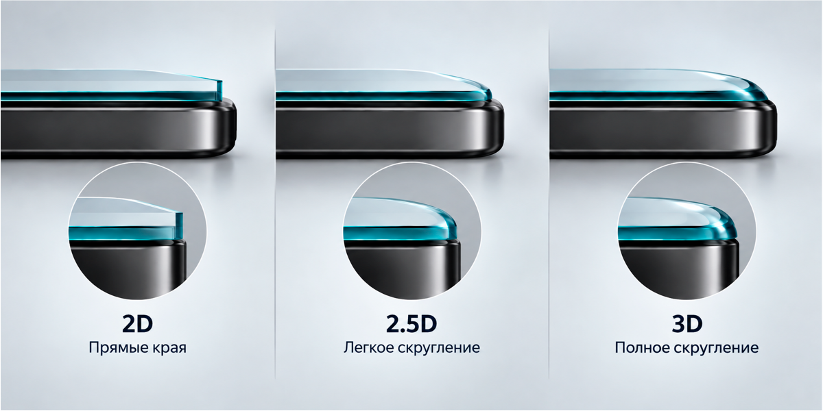 Сравнение профиля 2D, 2.5D и 3D защитного стекла в разрезе